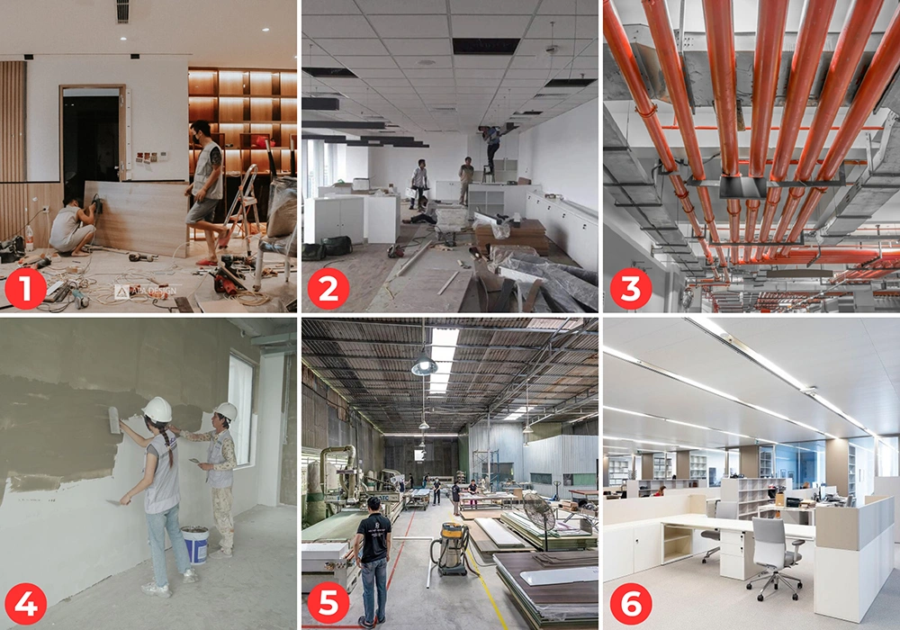Các giai đoạn trong quy trình cải tạo nội thất văn phòng, từ thi công đến hoàn thiện.