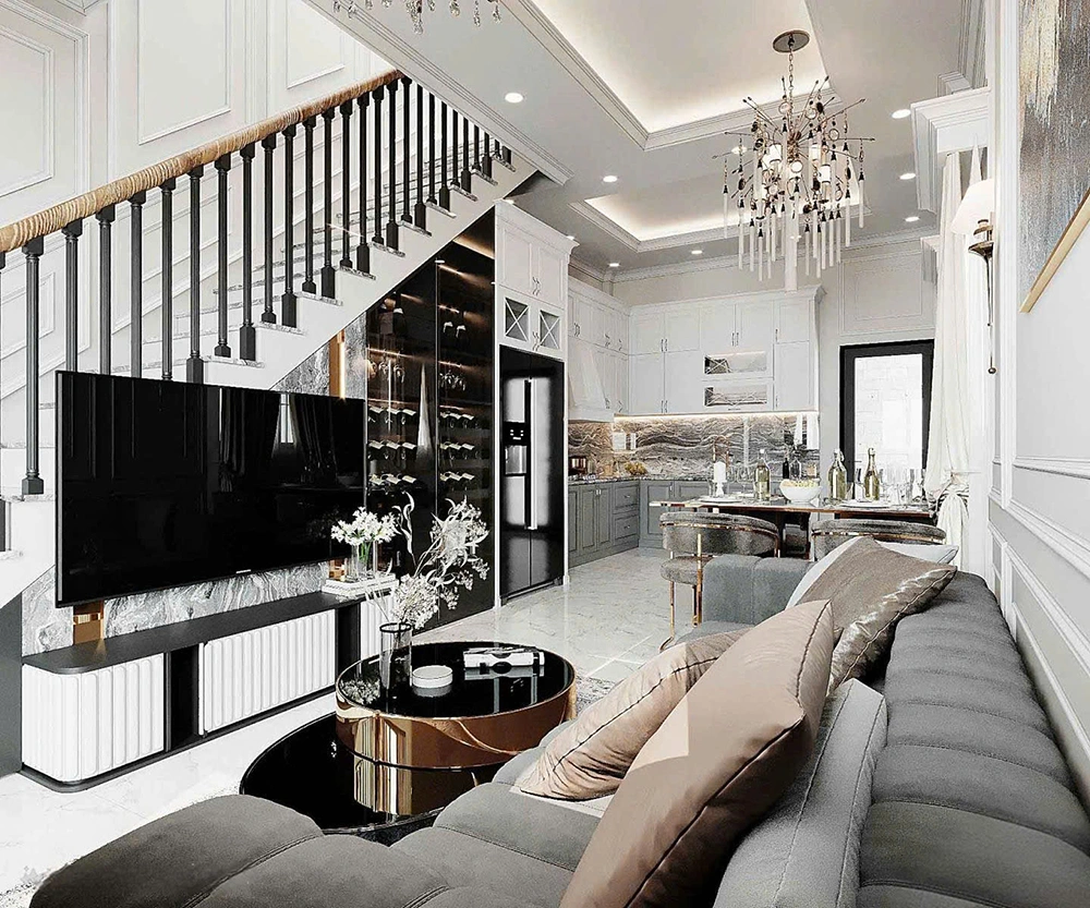 Thiết kế phòng khách liền bếp nhà ống phong cách tân cổ điển với tủ rượu và đèn chùm sang trọng.