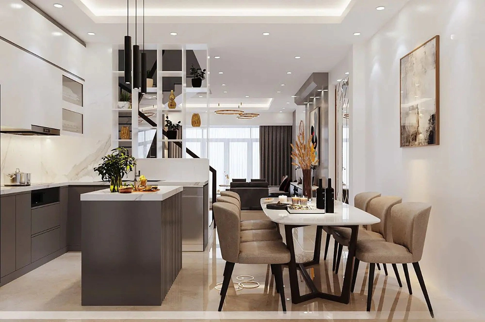 Góc nhìn từ bếp ra phòng khách trong thiết kế phòng khách liền bếp nhà ống hiện đại.