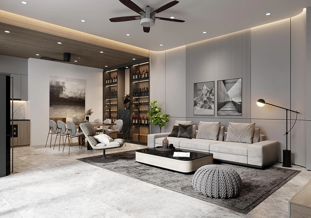 Thiết kế phòng khách liền bếp nhà ống sang trọng với tường ốp lam sóng và tủ rượu lớn.