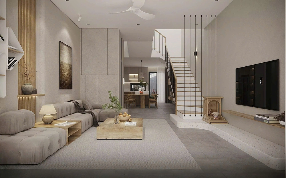 Mẫu phòng khách nhà ống 5m có cầu thang