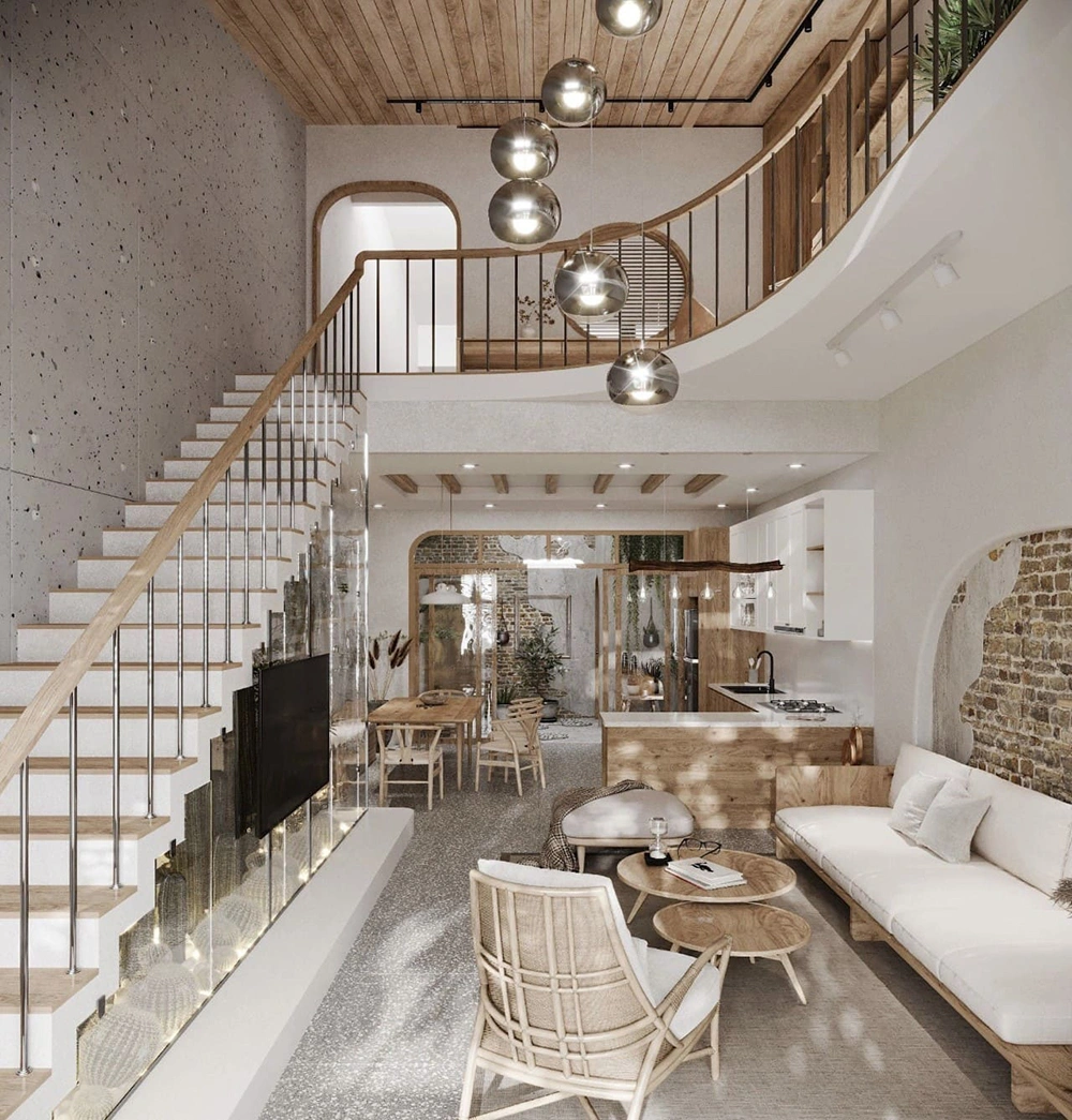 Mẫu phòng khách nhà ống 5m liền bếp