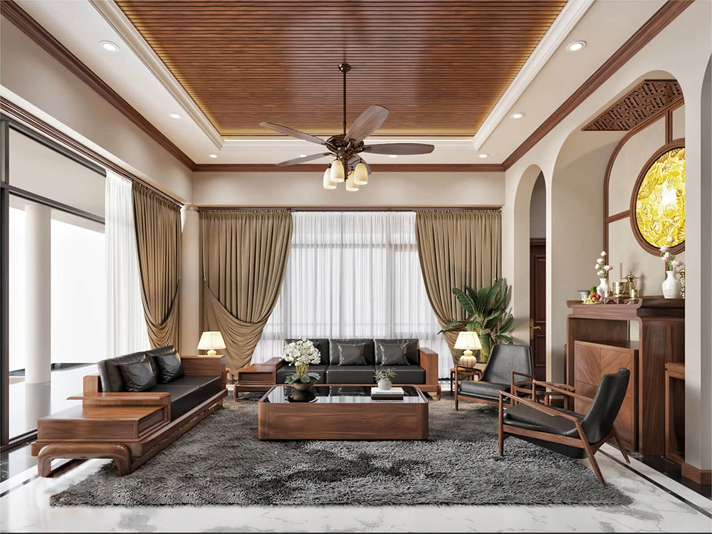 Mẫu phòng khách nhà ống 5m có bàn thờ