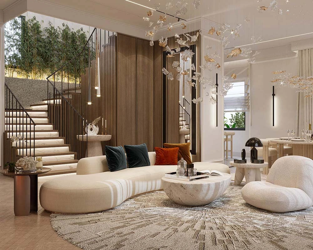 Mẫu phòng khách nhà ống 5m có giếng trời