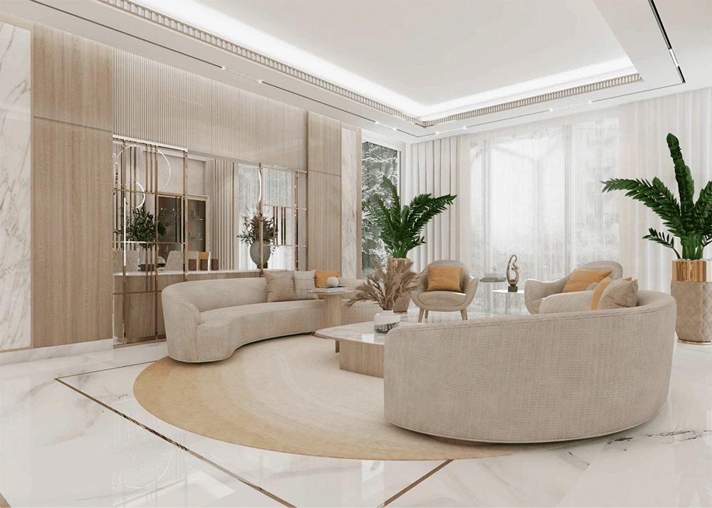 Thiết kế nội thất nhà cấp 4 sang trọng với sofa cong và tông màu kem