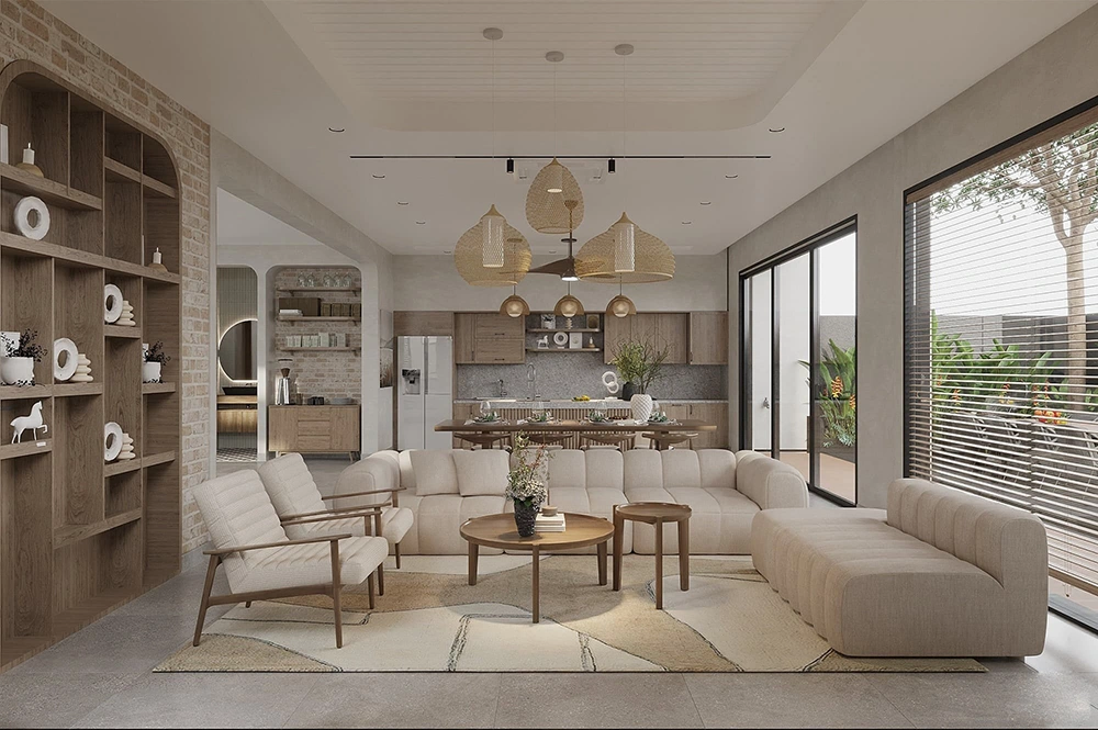 Mẫu thiết kế nội thất nhà cấp 4 hiện đại với phòng khách tông kem