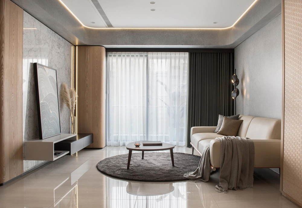 Thiết kế nội thất nhà cấp 4 tối giản với sofa da và ánh sáng âm trần