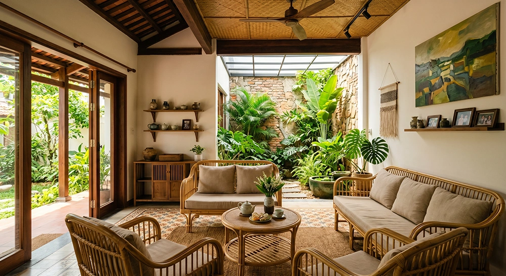 Thiết kế nội thất nhà cấp 4 phong cách Tropical với bàn ghế mây