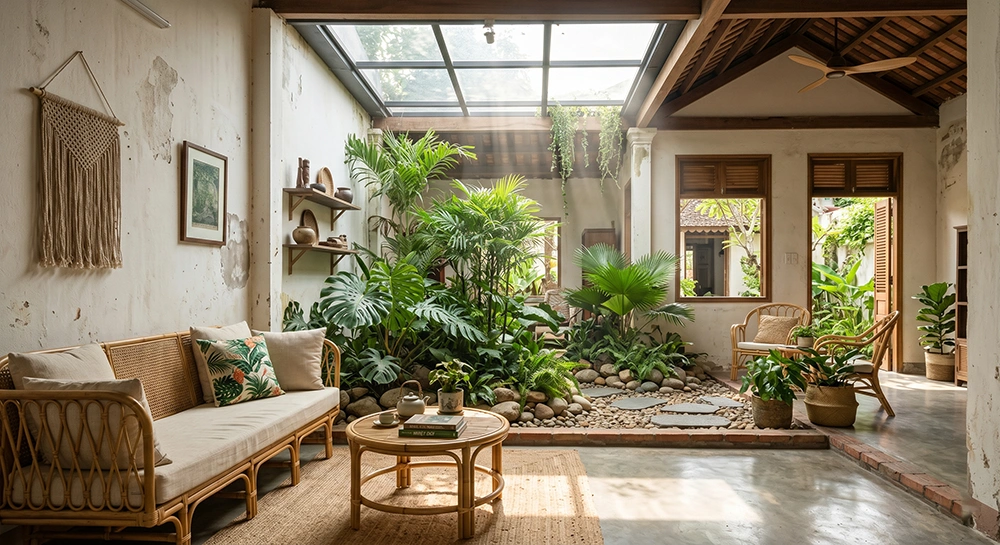 Mẫu thiết kế nội thất nhà cấp 4 có giếng trời và sân vườn trong nhà