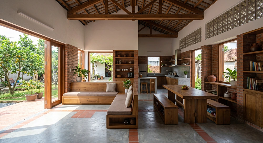 Thiết kế nội thất nhà cấp 4 truyền thống với tường gạch và mái gỗ