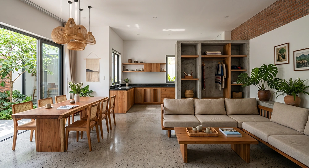 Thiết kế nội thất nhà cấp 4 không gian mở với bàn gỗ và đèn mây