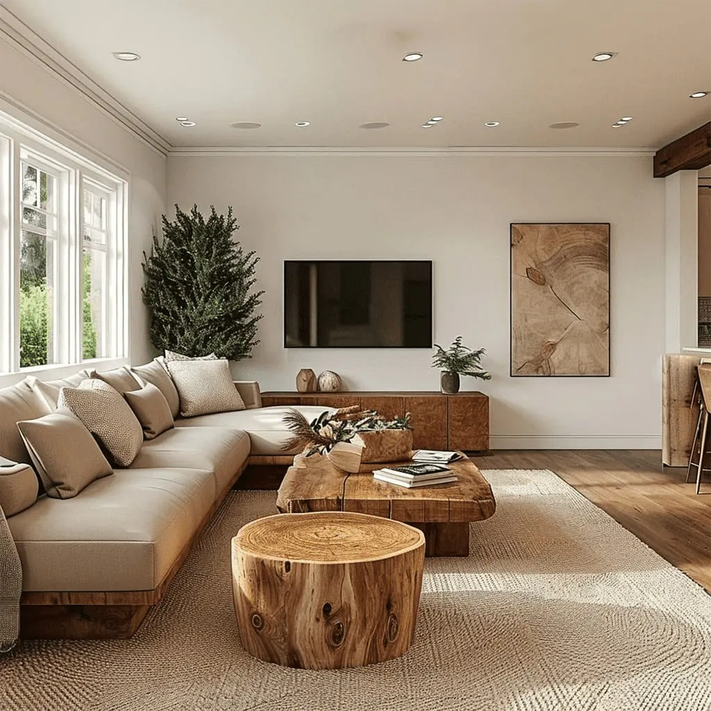 Thiết kế nội thất nhà cấp 4 mộc mạc với bàn trà gỗ nguyên khối