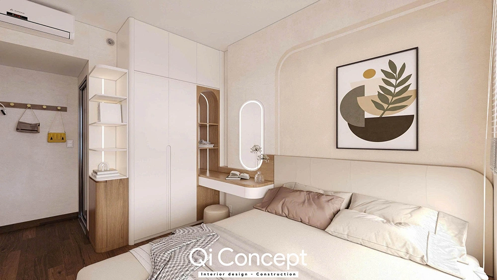 Góc giường ngủ và bàn trang điểm của thiết kế nội thất căn hộ Diamond Alnata Plus.