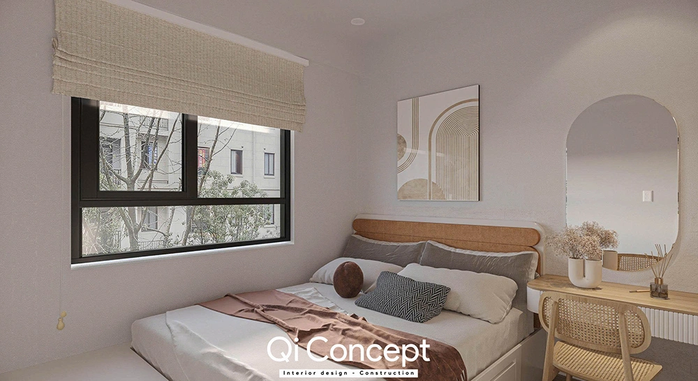 Góc giường ngủ và bàn trang điểm trong phòng ngủ của thiết kế căn hộ Diamond Brilliant.