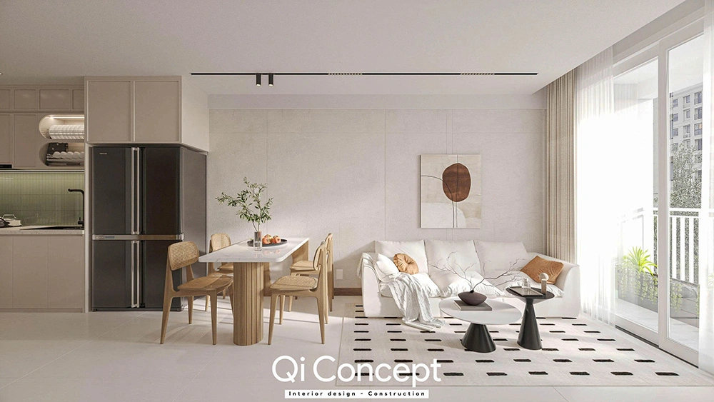 Thiết kế nội thất căn hộ Diamond Brilliant với không gian phòng khách và bàn ăn hiện đại.