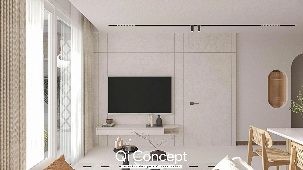 Mảng tường tivi ốp gạch trong thiết kế nội thất căn hộ Diamond Brilliant.