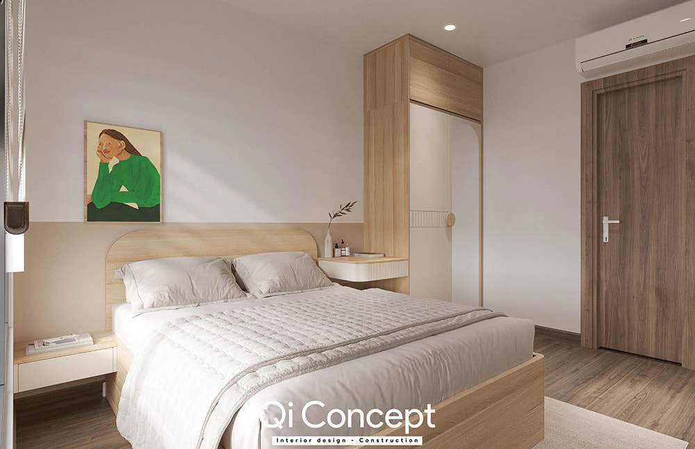 Bố trí giường ngủ và tủ quần áo trong phòng master của thiết kế căn hộ Emerald Celadon City.
