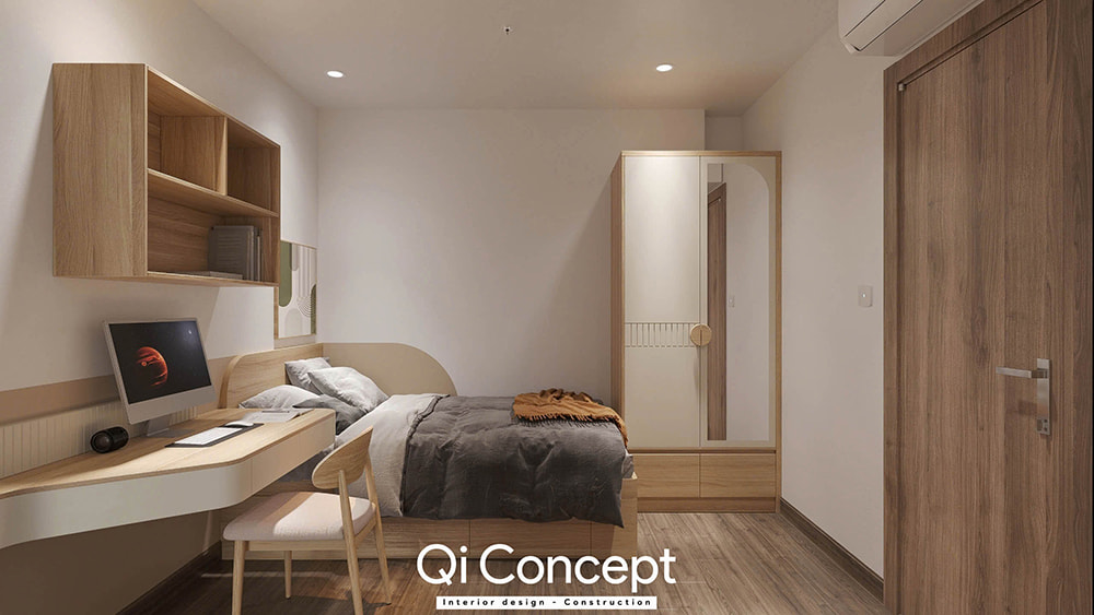 Nội thất phòng ngủ nhỏ trong thiết kế căn hộ Emerald Celadon City, giường liền bàn học.