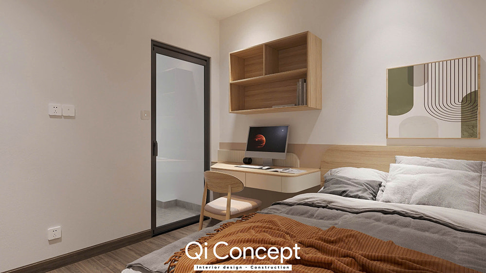 Bàn học và kệ sách treo tường trong phòng ngủ của thiết kế nội thất căn hộ Emerald Celadon City.