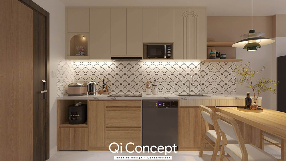 Tủ bếp và gạch ốp tường vảy cá trong thiết kế nội thất căn hộ Emerald Celadon City.