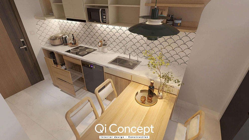 Thiết kế bếp hiện đại trong căn hộ Emerald Celadon City, có bàn ăn gỗ.
