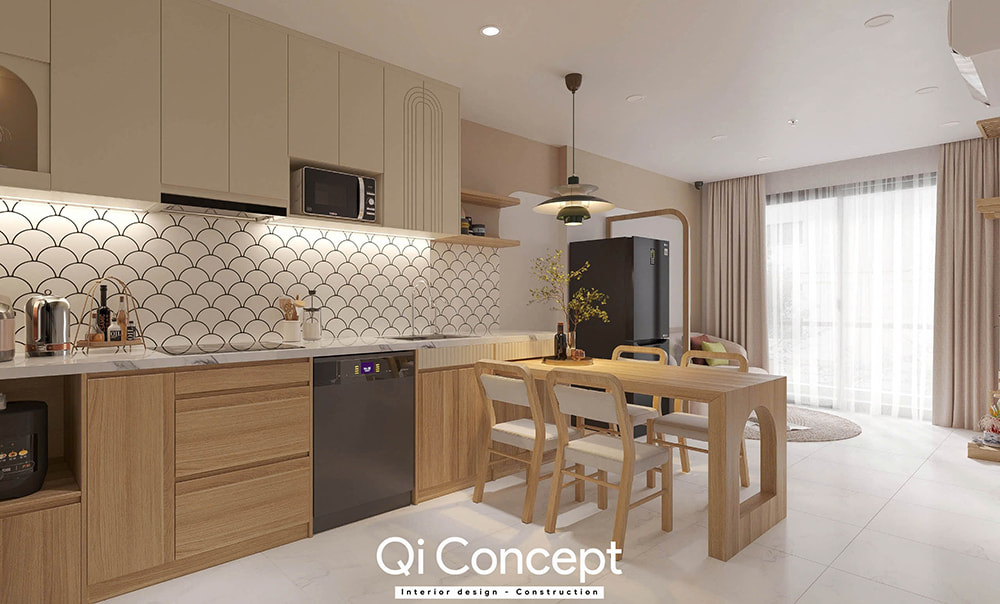 Bếp và bàn ăn liền kề trong thiết kế nội thất căn hộ Emerald Celadon City.