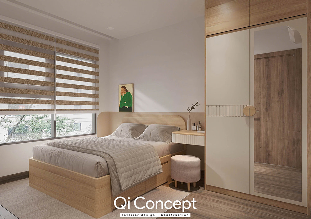 Thiết kế nội thất căn hộ Emerald Celadon City với phòng ngủ master và bàn trang điểm.