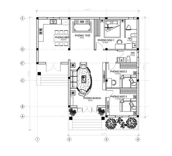 Phương án 1: Phòng khách ở cạnh dài, phòng ăn/bếp ở cạnh ngắn
