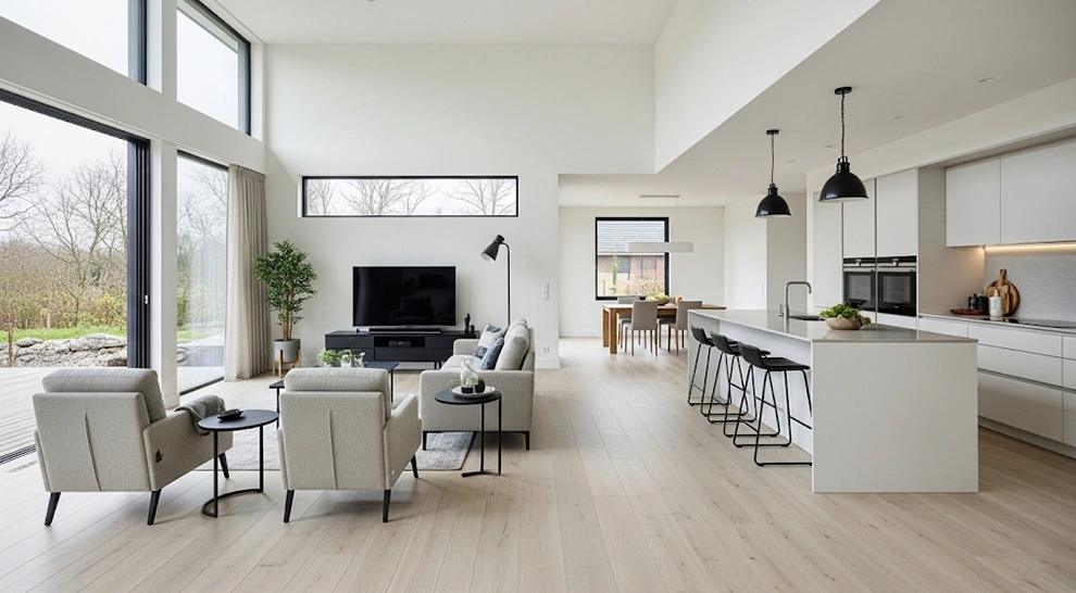 Mẫu thiết kế phòng khách liền bếp trong nhà chữ L