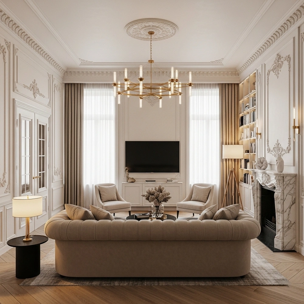Mẫu phòng khách tân cổ điển nhà ống với cách bố trí đối xứng, sofa bo tròn và lò sưởi ốp đá.
