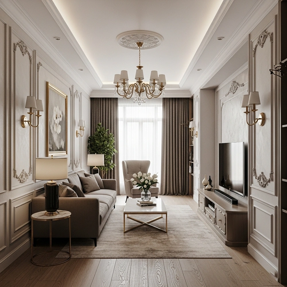 Mẫu phòng khách tân cổ điển nhà ống với layout hình chữ nhật, trang trí phào chỉ và đèn tường đối xứng.