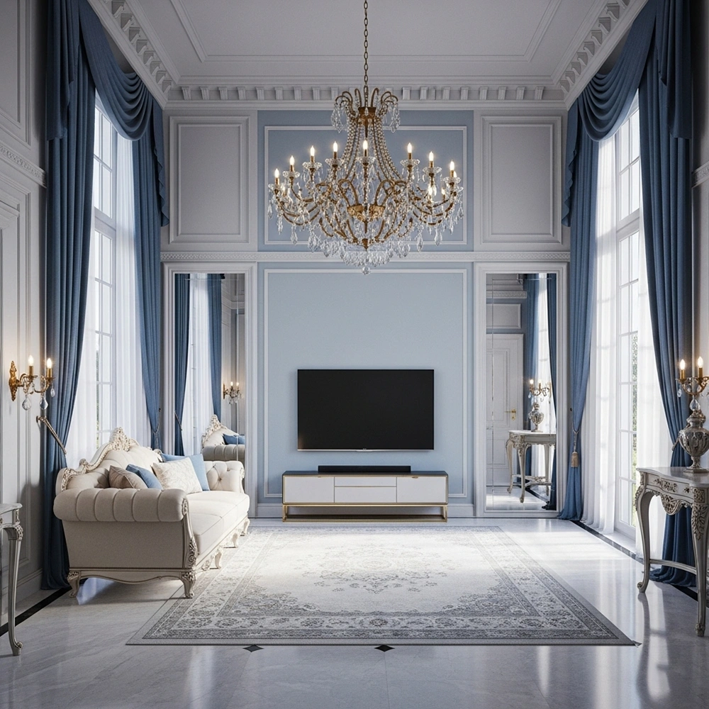 Thiết kế phòng khách tân cổ điển cao cấp với tường xanh pastel, rèm cửa xanh navy và nội thất sang trọng.