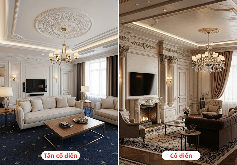 So sánh sự khác biệt giữa thiết kế phòng khách tân cổ điển và phong cách cổ điển truyền thống.