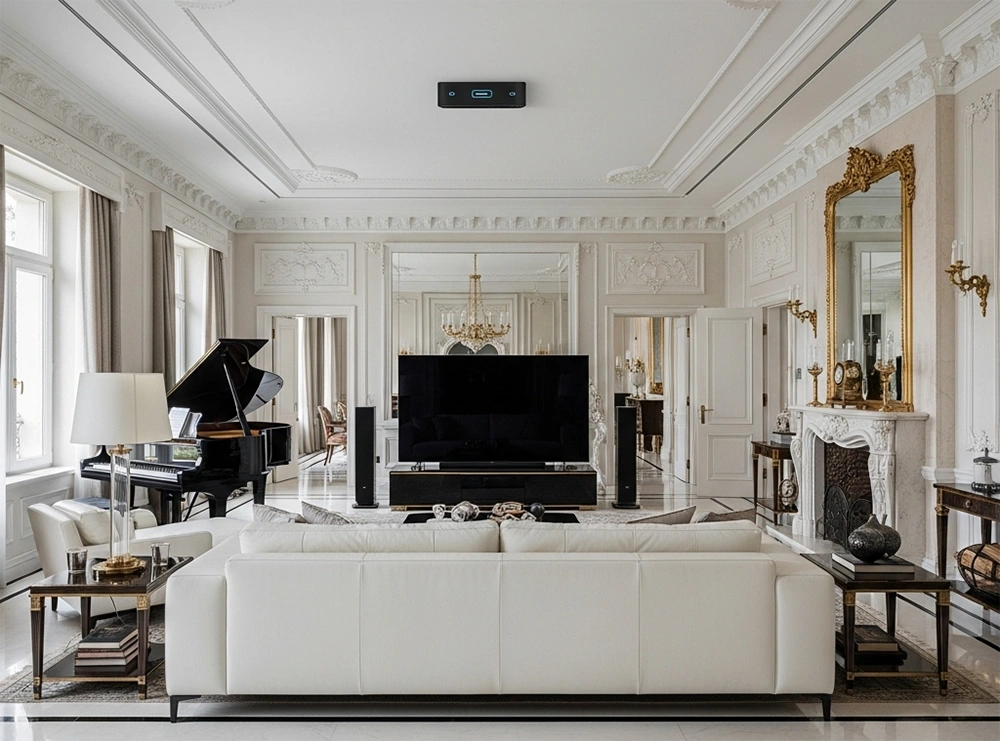 Mẫu phòng khách tân cổ điển nhà ống có đàn piano, lò sưởi và gương mạ vàng sang trọng.
