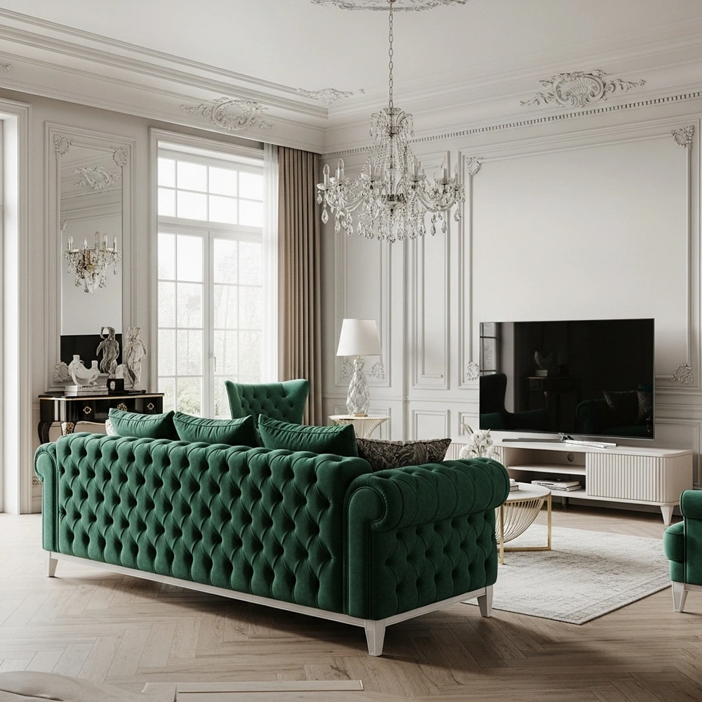 Sofa Chesterfield nhung xanh lá cây trong thiết kế phòng khách tân cổ điển nhà ống.