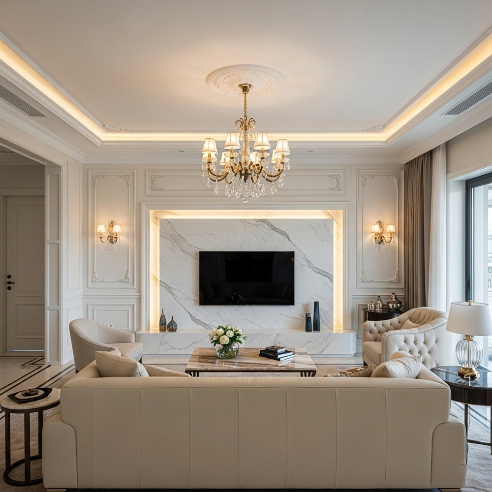 Vách tivi ốp đá marble sang trọng trong mẫu phòng khách tân cổ điển nhà ống cao cấp.