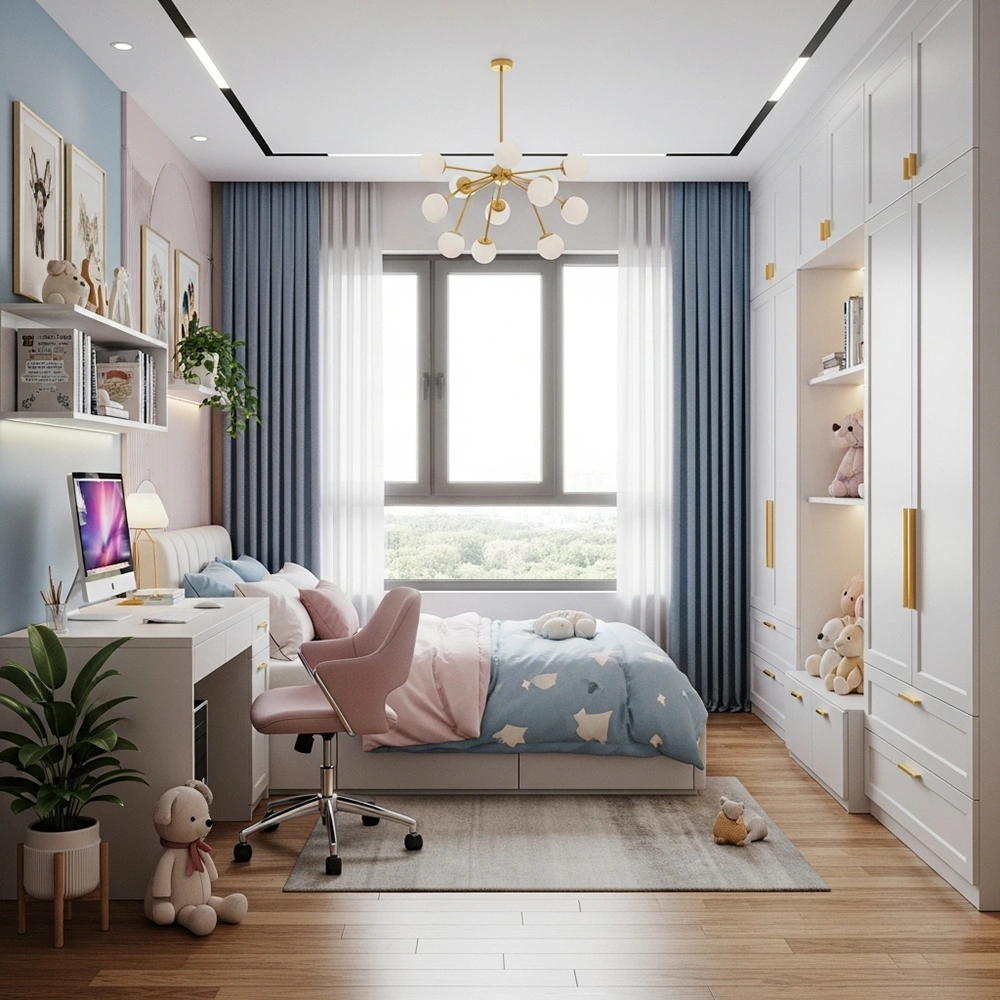 Mẫu thiết kế phòng ngủ bé gái hiện đại với tông màu xanh - hồng pastel.