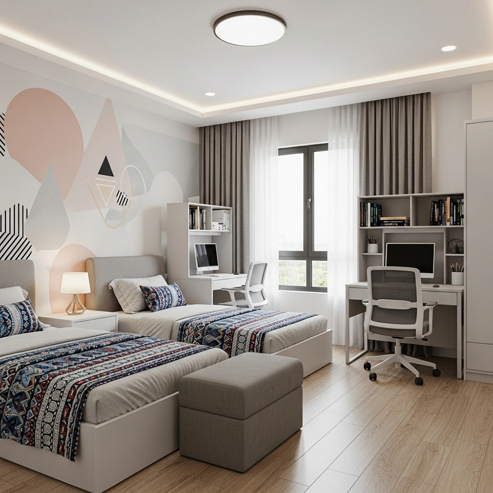 Mẫu thiết kế phòng ngủ bé gái hiện đại dành cho hai người với góc học tập riêng biệt.