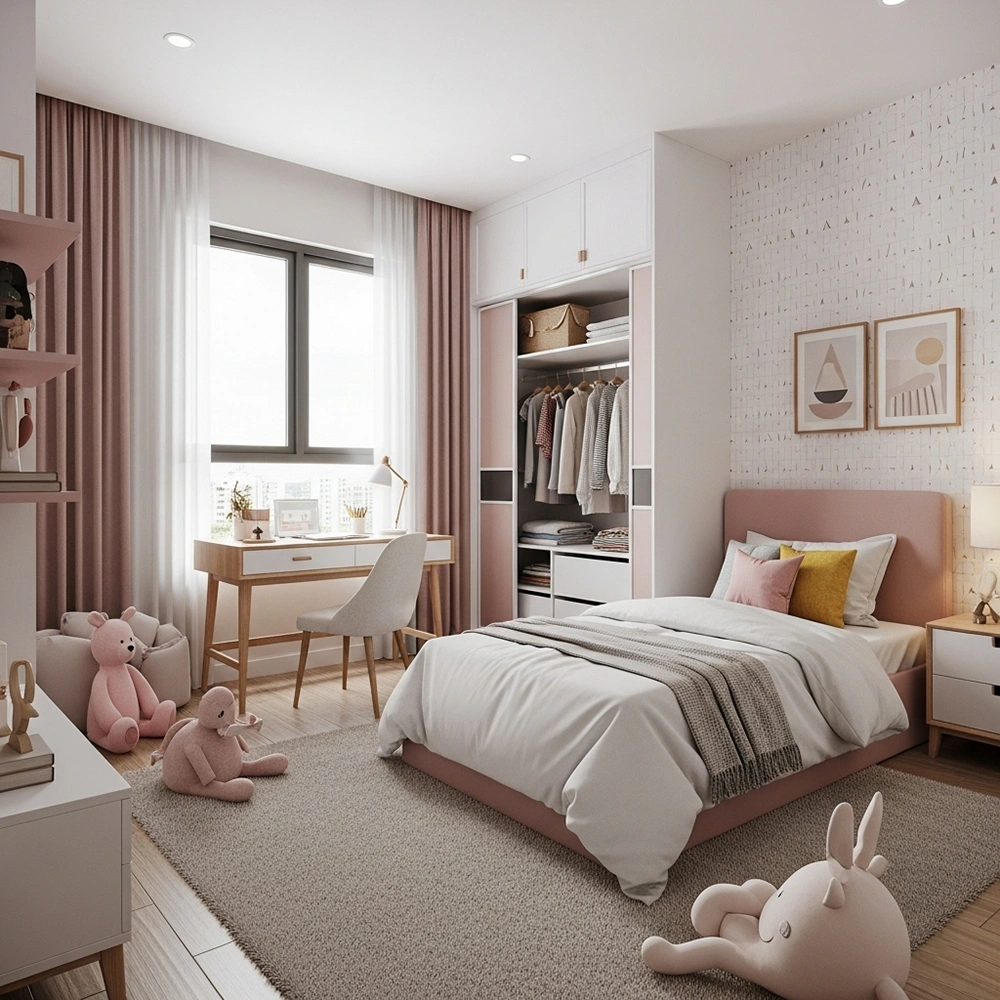 Thiết kế nội thất phòng ngủ bé gái với tông màu hồng pastel ngọt ngào.
