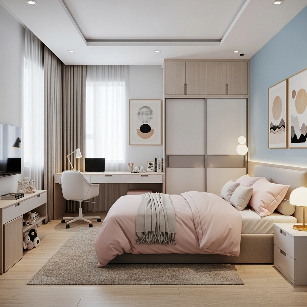 Mẫu thiết kế phòng ngủ bé gái hiện đại với hệ tủ kịch trần và bàn học dài.