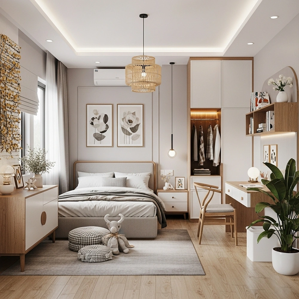 Thiết kế nội thất phòng ngủ bé gái với phong cách Japandi ấm cúng, nhẹ nhàng.