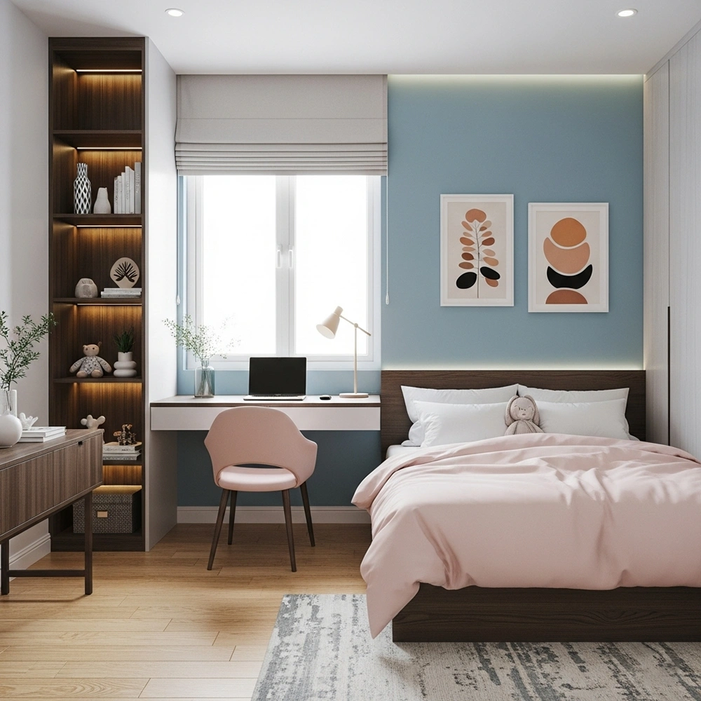 Ý tưởng thiết kế phòng ngủ bé gái hiện đại với sự kết hợp màu sắc tương phản.