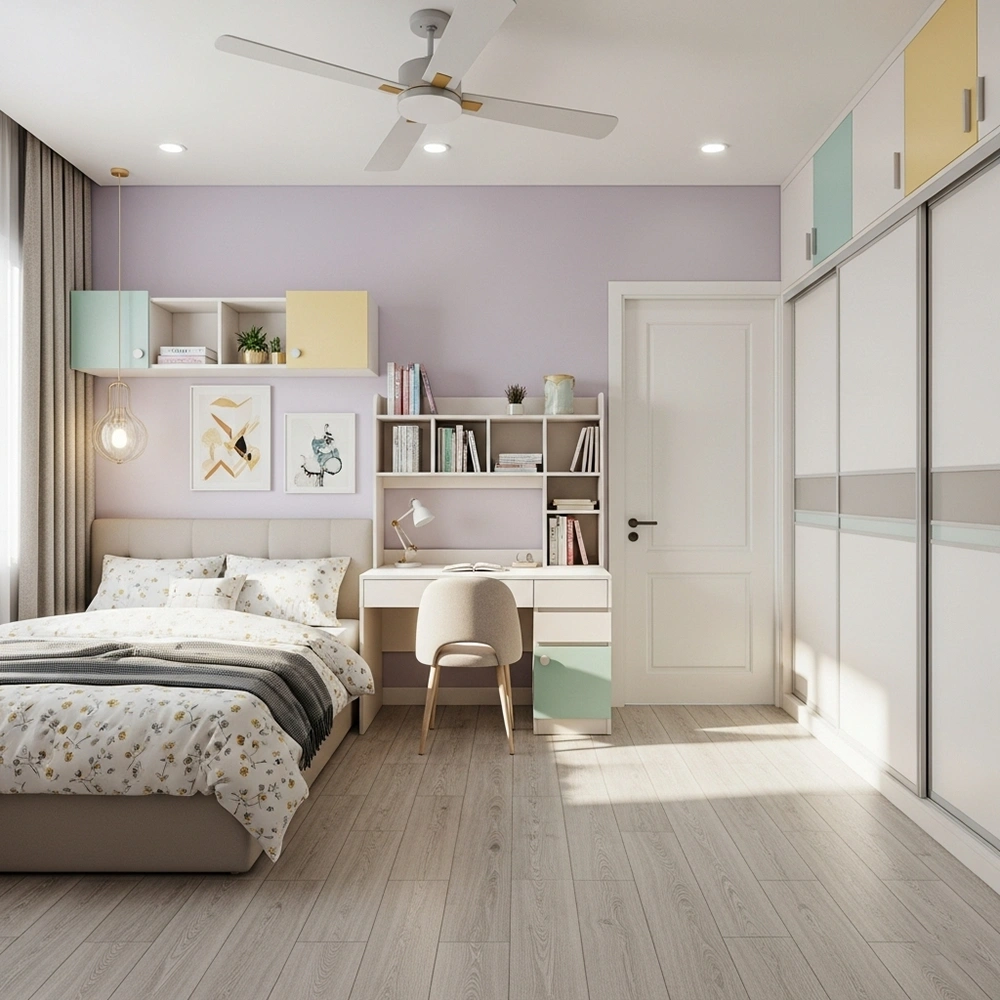 Thiết kế nội thất phòng ngủ bé gái với bàn học liền kề đầu giường và kệ sách nhiều màu sắc.
