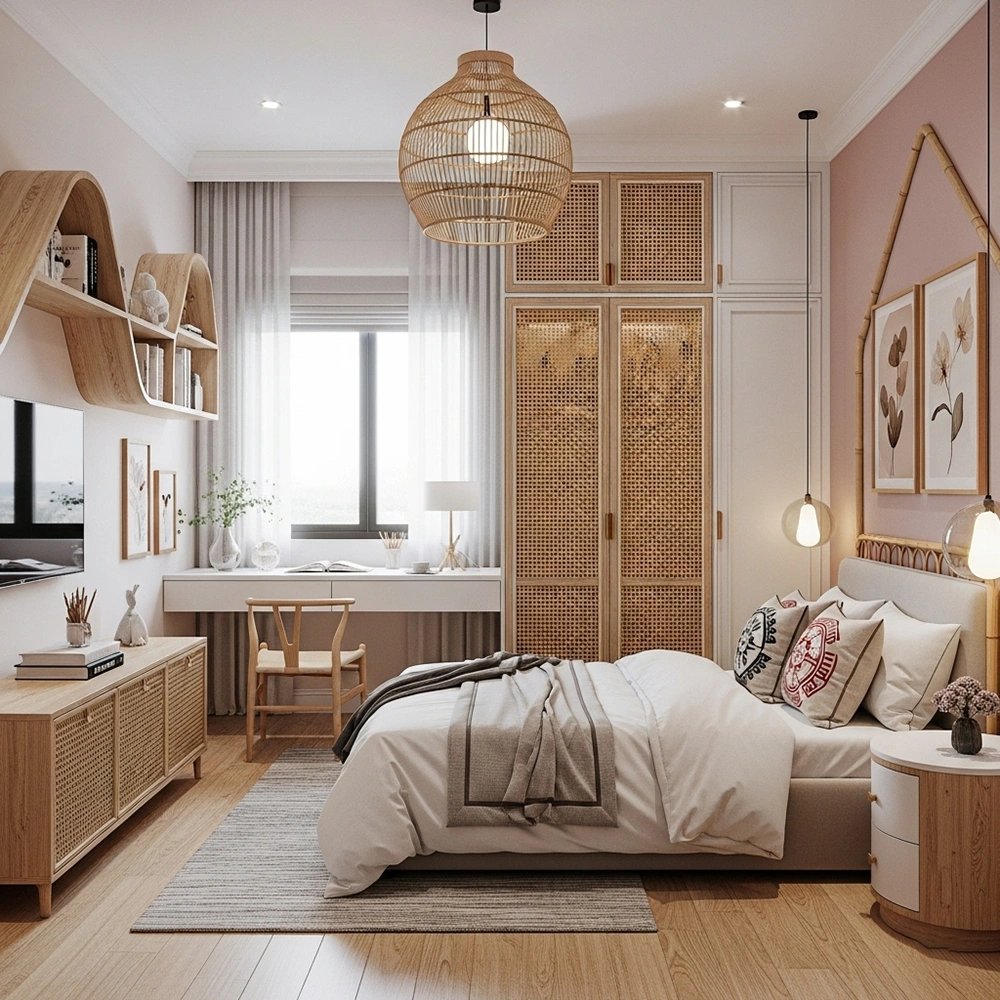 Thiết kế nội thất phòng ngủ bé gái theo phong cách Bohemian với nội thất mây tre đan.