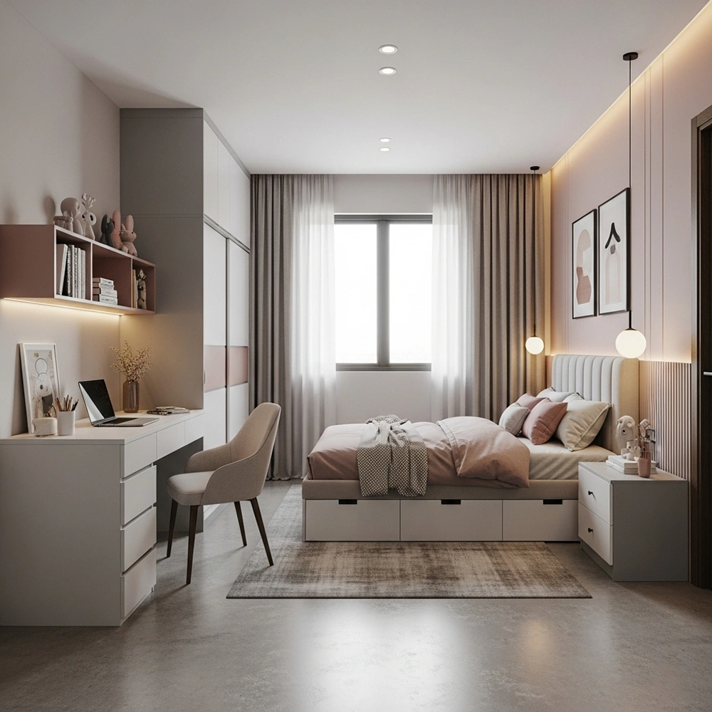 Mẫu thiết kế phòng ngủ bé gái hiện đại với giường có hộc kéo và bàn học tiện nghi.