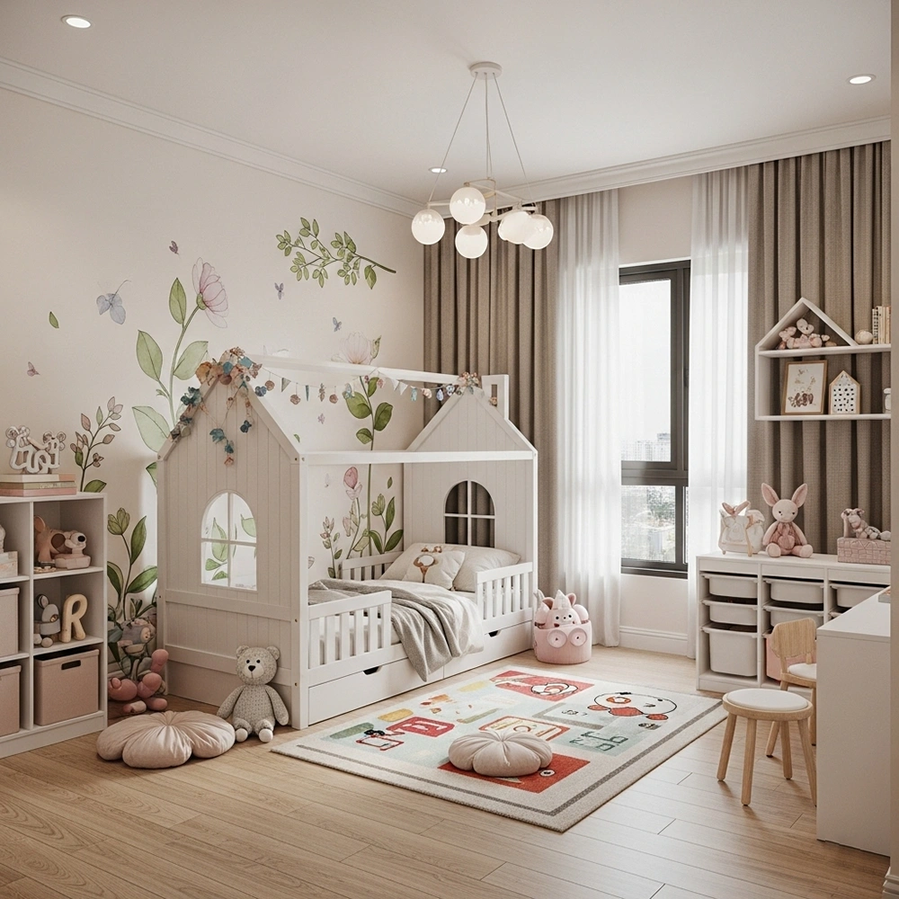 Ý tưởng thiết kế nội thất phòng ngủ bé gái với giường ngủ hình ngôi nhà.