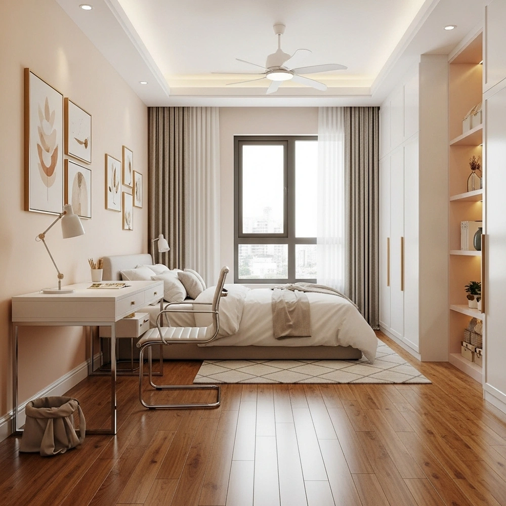 Thiết kế nội thất phòng ngủ bé gái với tông màu cam đào ấm áp, nhẹ nhàng.