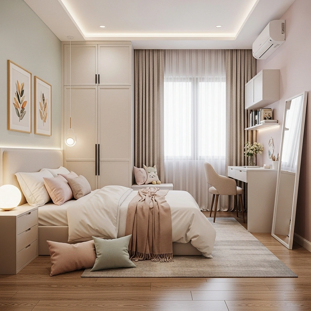 Mẫu thiết kế nội thất phòng ngủ bé gái với tông màu pastel và góc học tập.