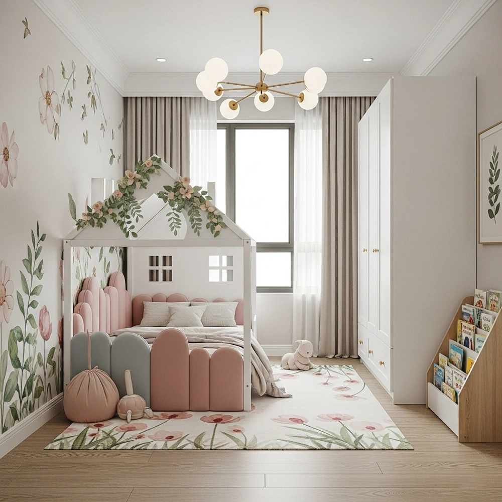Giường ngủ ngôi nhà trong mẫu thiết kế phòng ngủ bé gái hiện đại.