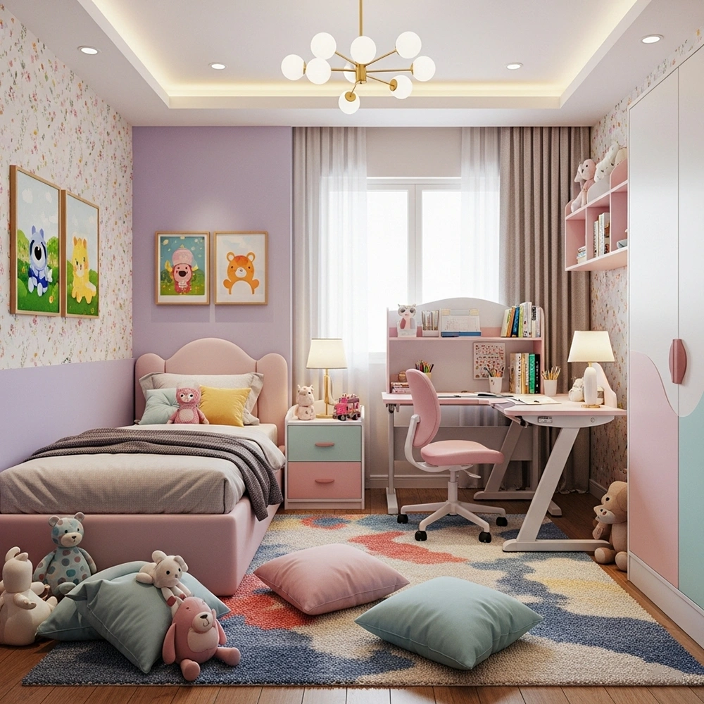 Thiết kế phòng ngủ bé gái hiện đại với tông màu hồng và tím pastel.